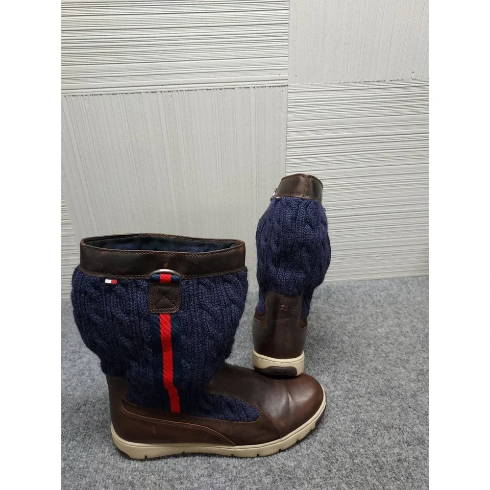 Tommy Hilfiger Men Sweater Boots 8.5M Navy Cable Knit Brown Leather Trim Outdoor